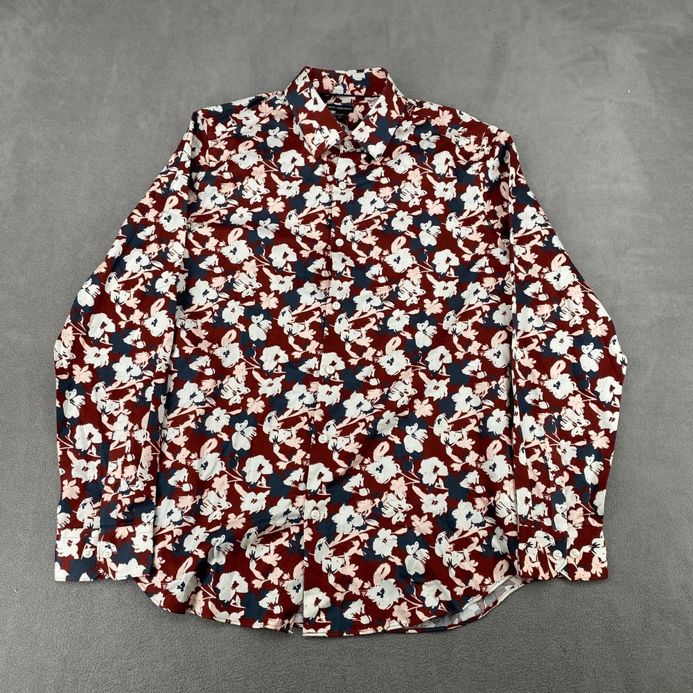 RW&CO Mens Floral Button Down Shirt Slim Fit Long Sleeve Burgundy Large NEW
